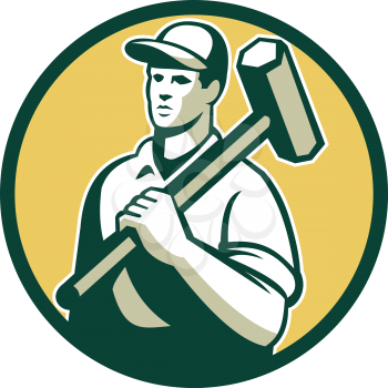 Illustration of a demolition worker wearing hat holding sledgehammer on shoulder looking to the side set inside circle on isolated background done in retro style. 