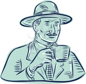 Etching engraving handmade style illustration of a man wearing vintage fedora hat holding coffee mug drinking coffee set on isolated white background.