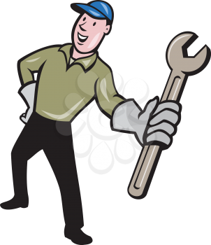 Illustration of a mechanic wearing hat and gloves standing holding presenting wrench spanner facing front set on isolated white background done in cartoon style. 