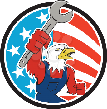 Illustration of a american bald eagle mechanic holding spanner looking to the side et inside circle with usa american stars and stripes flag in the background done in cartoon style. 