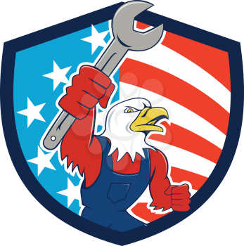 Illustration of a american bald eagle mechanic holding spanner looking to the side set inside shield crest with usa american stars and stripes flag in the background done in cartoon style. 