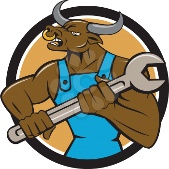 Illustration of a minotaur bull mechanic looking to the side holding giant spanner set inside circle on isolated background done in cartoon style. 