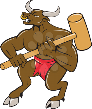 Illustration of a minotaur, mythological creature with the head of a bull and body of a man, holding a sledgehammer on isolated background done in cartoon style.