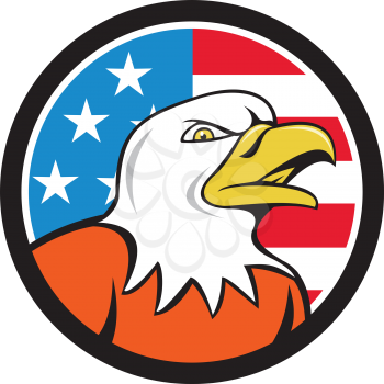 Illustration of an american bald eagle head angry looking to the side set inside circle with usa flag stars and stripes in the background done in cartoon style. 