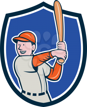 Illustration of an american baseball player batter hitter with bat batting stance viewed from side set inside shield crest done in cartoon style isolated on background.