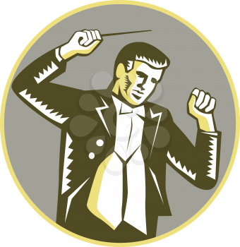 Illustration of a music conductor holding waving baton viewed from front set inside circle on isolated background done in retro woodcut style. 