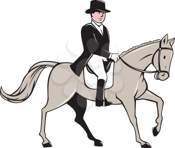 Illustration of an equestrian rider wearing tophat riding horse dressage viewed from the side set on isolated white background done in cartoon style.  