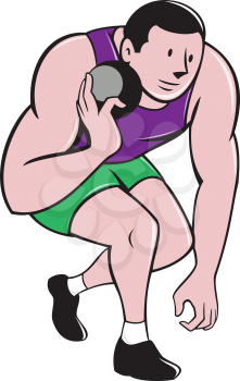 Illustration of a track and field shot put athlete ready to throw ball viewed from front done in cartoon style.