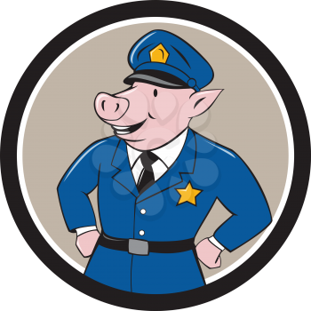 Illustration of a pig policeman police officer sheriff with hands on hips looking to the side viewed from front set inside circle on isolated background done in cartoon style.