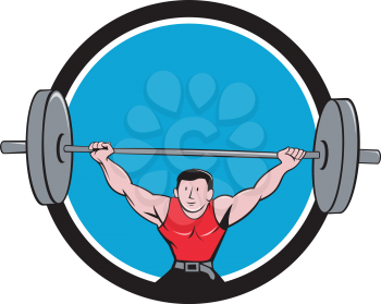 Illustration of a weightlifter deadlift lifting weights viewed from front set inside circle on isolated background done in cartoon style.