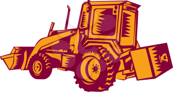 Illustration of a construction digger mechanical excavator viewed from side rear set on isolated white background done in retro woodcut style. 