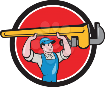 Illustration of a plumber in overalls and hat lifting giant monkey wrench over head looking to the side viewed from front set inside circle on isolated background done in cartoon style. 