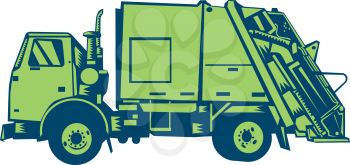 Illustration of a garbage truck rear end loader viewed from the side set on isolated white background done in retro woodcut style.