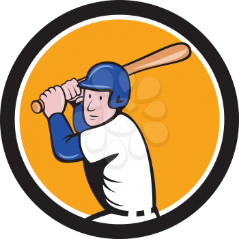 Illustration of an american baseball player ready to bat set inside circle on isolated background done in cartoon style.