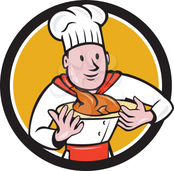 Illustration of a chef cook holding dish with roast chicken set inside circle on isolated background done in cartoon style. 