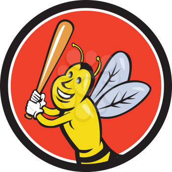 Cartoon style illustration of a killer bee baseball player smiling holding bat batting viewed from the front set inside circle on isolated background. 