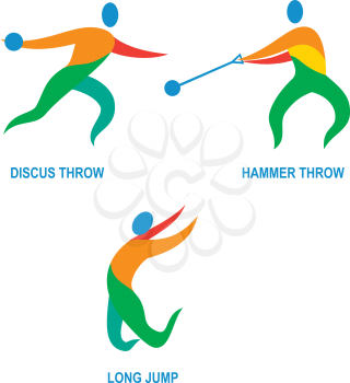 Icon illustration showing athlete playing the sport of track and field hammer throw, discus throw, long jump. 