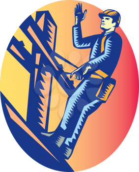 Illustration of a power lineman telephone repairman worker standing on electric pole with harness waving hand viewed from low angle done in retro woodcut style. 