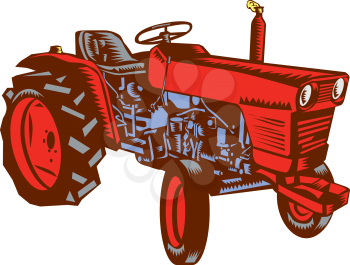 Illustration of a vintage farm tractor set on isolated white background viewed from the side done in retro woodcut style. 