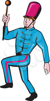 Illustration of a marching band leader holding baton marching viewed from the side set on isolated white background done in cartoon style. 