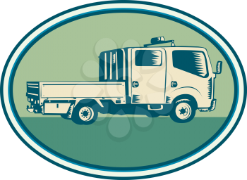 Illustration of a double cab pick-up truck viewed from side set inside oval shape on isolated background done in retro woodcut style. 