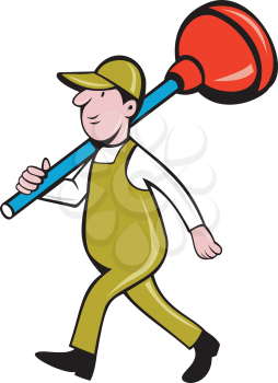 Illustration of a plumber carrying plunger on shoulder walking viewed from the side set on isolated white background done in cartoon style. 