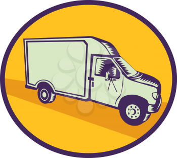 Illustration of a closed delivery van viewed from the side set inside circle on isolated background done in retro woodcut style. 