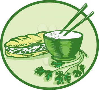 Illustration of banh mi rice bowl with chopstick coriander and meat-filled sandwich on the side set inside circle on isolated background done in retro style. 