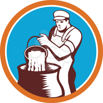 Illustration of a cheesemaker pouring bucket of curd and whey into vat facing set inside circle front on isolated background done in retro woodcut style. 