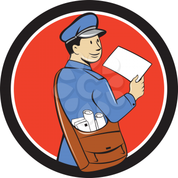 Illustration of a mailman postman delivering a letter looking to the side viewed from rear set inside circle on isolated background done in cartoon style. 