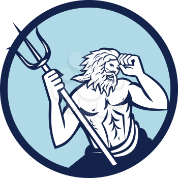 Illustration of poseidon god of the sea holding trident viewed from front set inside circle on isolated background done in retro style. 