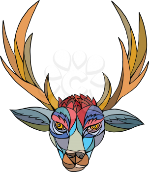 Mosaic style illustration of a red stag deer buck head facing front set on isolated  white background. 
