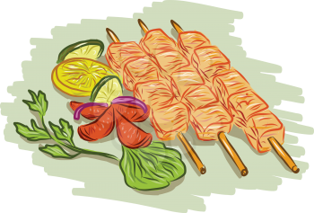 Drawing sketch style illustration of chicken kebabs skewers with vegetables, coriander, lemon, leaf, cucumber on isolated white background.