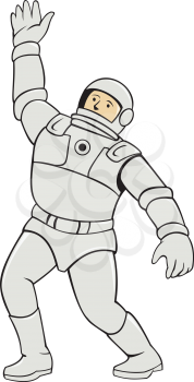 Illustration of an astronaut spaceman wearing space suit waving viewed from the front set on isolated white background done in cartoon style. 