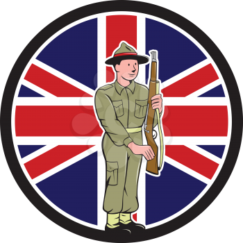 Illustration of a World War II soldier presenting arms rifle weapon for inspection with Union Jack British UK flag in the background set inside circle done in cartoon style. 