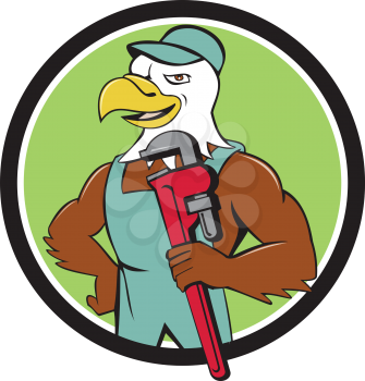 Illustration of an american bald eagle plumber wearing hat holding monkey wrench looking to the side set inside circle done in cartoon style. 