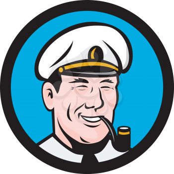 Illustration of a smiling sea captain, shipmaster, skipper, mariner wearing hat cap smoking smoke pipe set inside circle viewed from front done in retro style. 