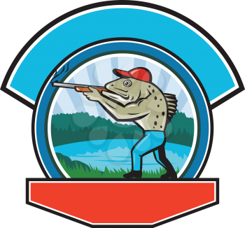Illustration of a spotted sea trout fish hunter hunting aiming a shotgun rifle viewed from side with lake, trees and mountains  in the background done in retro style. 