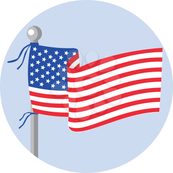 Illustration of usa american stars and stripes flag on flagpole set inside circle done in cartoon style. 