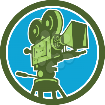 Illustration of a vintage movie film motion-picture camera viewed from low angle set inside circle on isolated background done in retro style. 