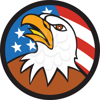 Illustration of an american bald eagle head looking up viewed from side set inside circle with usa flag stars and stripes in the background done in cartoon style. 