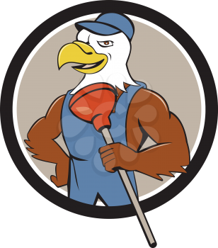 Illustration of an american bald eagle plumber wearing overalls and hat holding plunger with one hand on hips looking to the side set inside circle done in cartoon style. 