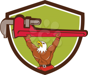 Illustration of a american bald eagle plumber lifting giant monkey adjustable wrench over head looking up to the side set inside shield crest on isolated background done in cartoon style. 