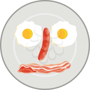 Illustration of a face made of egg with sausage as nose and bacon as mouth done in retro style. 