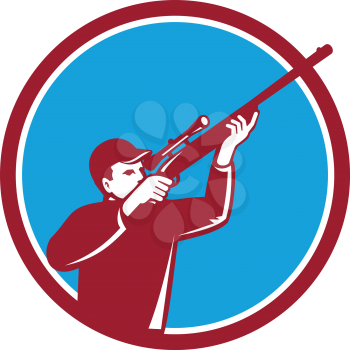 Illustration of a hunter wearing hat aiming shooting up shotgun rifle viewed from the side set inside circle on isolated background done in retro style. 