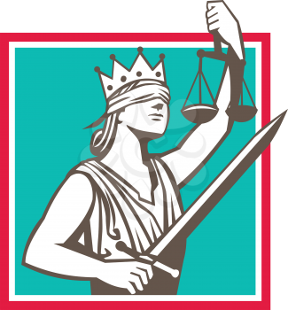 Illustration of a lady justice with crown and blindfold holding sword and raising scales set inside square shape done in retro style. 
