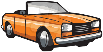 Illustration of a vintage cabriolet coupe car with top-down folding roof viwed from front set on isolated white background done in retro style. 