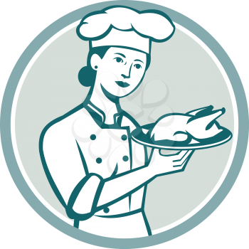 Illustration of a female chef with hat holding plate with roast chicken viewed from the front set inside circle on isolated background done in retro style. 