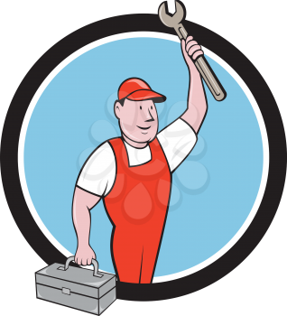 Illustration of a mechanic wearing hat and overalls lifting raising up spanner wrench holding toolbox looking to the side viewed from front set inside circle on isolated background done in cartoon sty