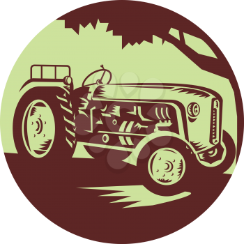Illustration of a vintage farm tractor viewed from front set inside circle done in retro woodcut style. 